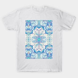 Teal Blue, Pearl & Pink Floral Pattern T-Shirt